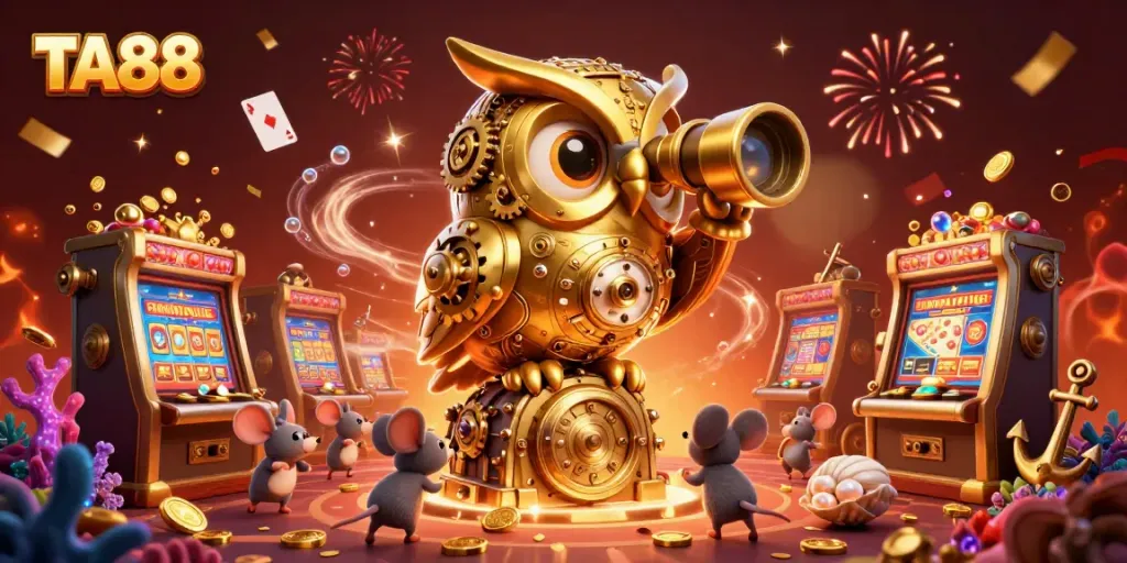 Experience excitement at TA88, where a golden clockwork owl oversees a vibrant casino scene filled with treasures and action.