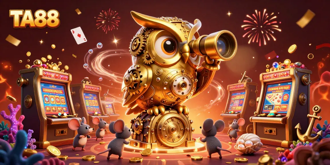 Experience excitement at TA88, where a golden clockwork owl oversees a vibrant casino scene filled with treasures and action.