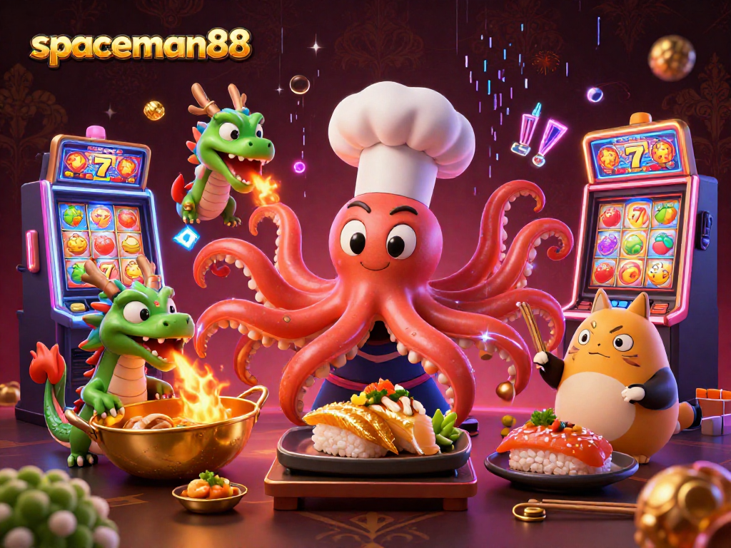 Spin and win big with spaceman88 in this vibrant casino illustration featuring exciting slot machines.