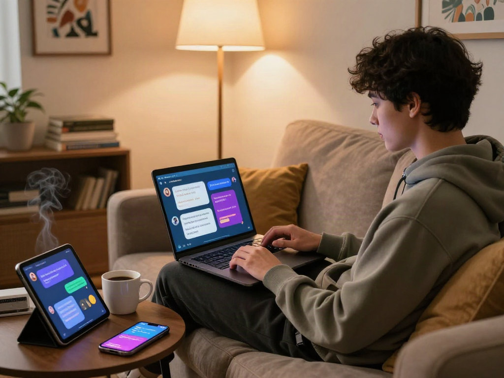 Vibrant scene of a user engaged in nsfw ai chat on a laptop, cozy room ambiance.