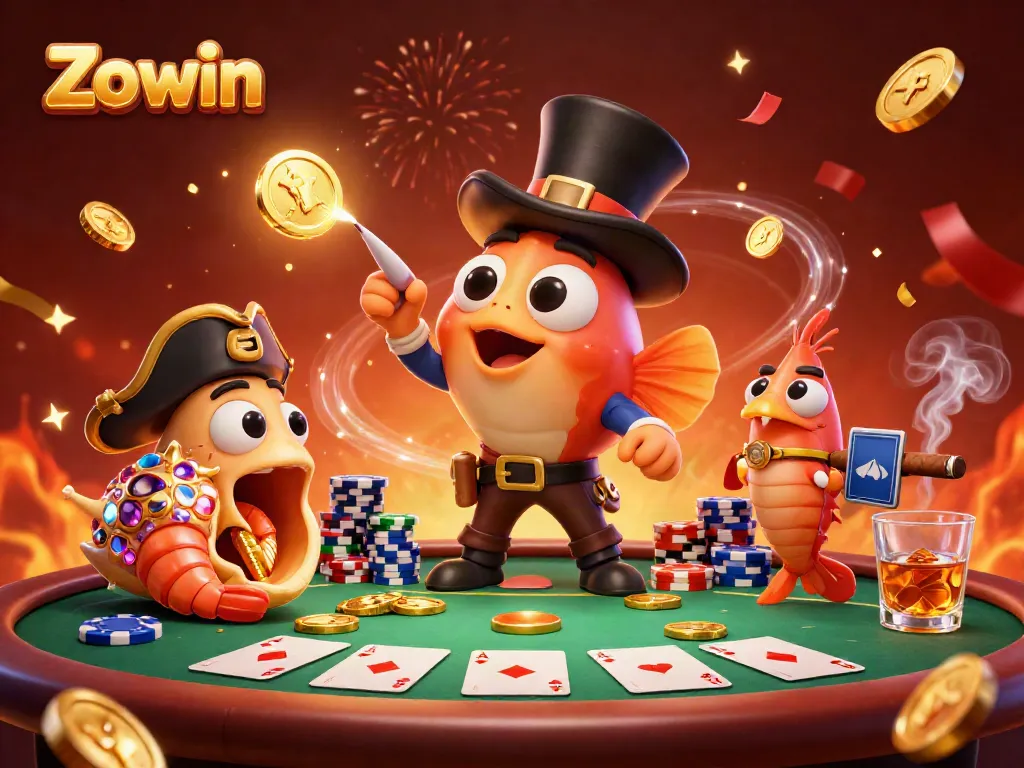 Zowin card game scene with glowing anglerfish, pirate shrimp, and treasure sea snail