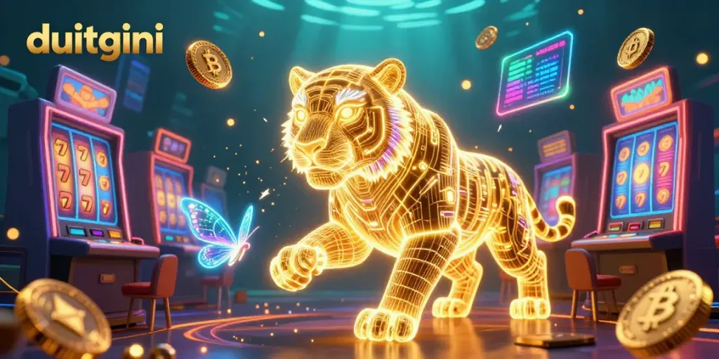 Experience the vibrant world of DuitGini with a golden tiger and dynamic slot elements.