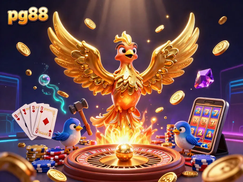 Experience thrilling gameplay at pg88 with a golden phoenix delivering casino riches in this dynamic illustration.