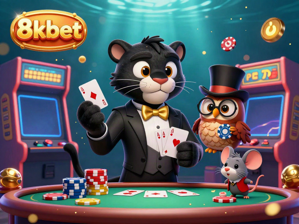 Engage in thrilling card games at 8kbet with a stylish panther dealer and vibrant casino elements.