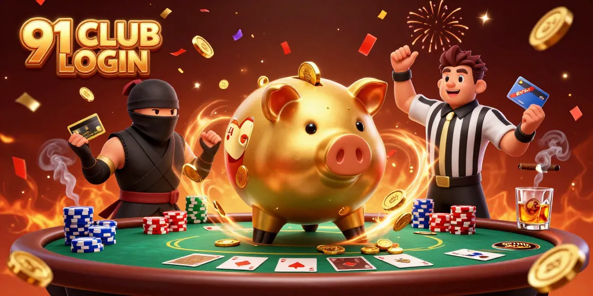 Engaging depiction of 91 CLUB LOGIN with a golden piggy bank sumo wrestler and vibrant casino elements.