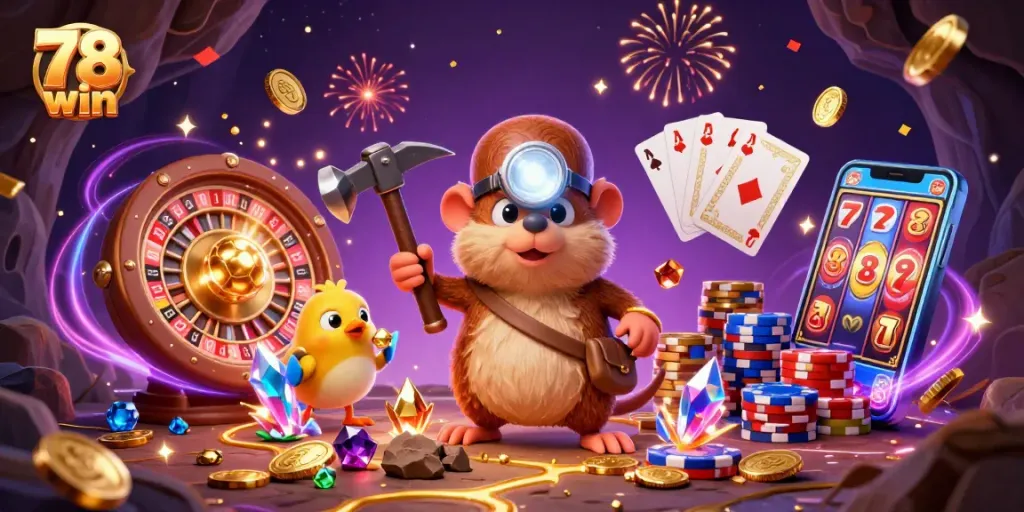 Engage with the thrilling world of 78 win through an exhilarating 3D gaming scene showcasing lively characters and casino elements.