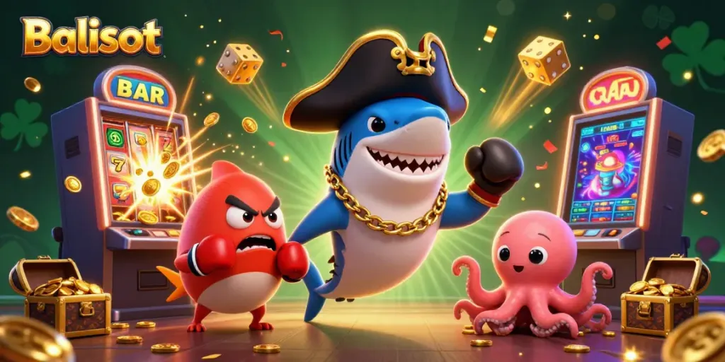 Balislot engaging characters celebrating big wins with slots and casino themes