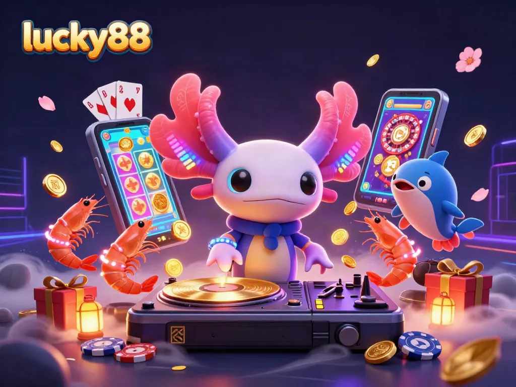 Experience winning moments at lucky88 as the energetic axolotl DJ spins golden records amidst vibrant casino elements.