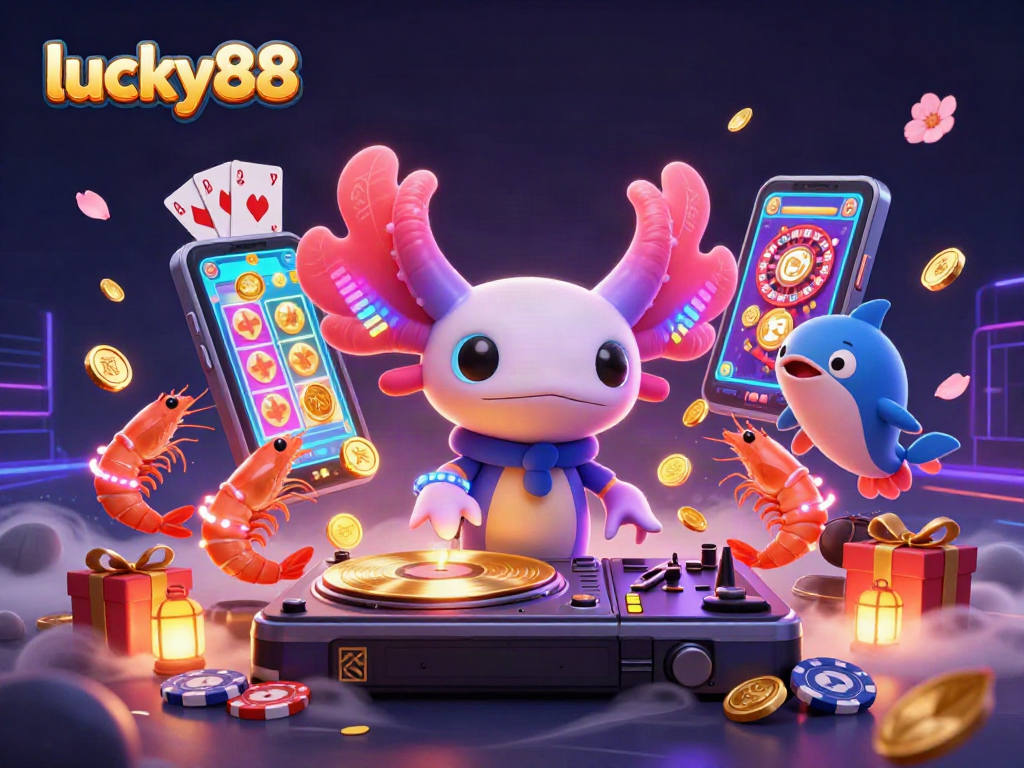 Experience winning moments at lucky88 as the energetic axolotl DJ spins golden records amidst vibrant casino elements.