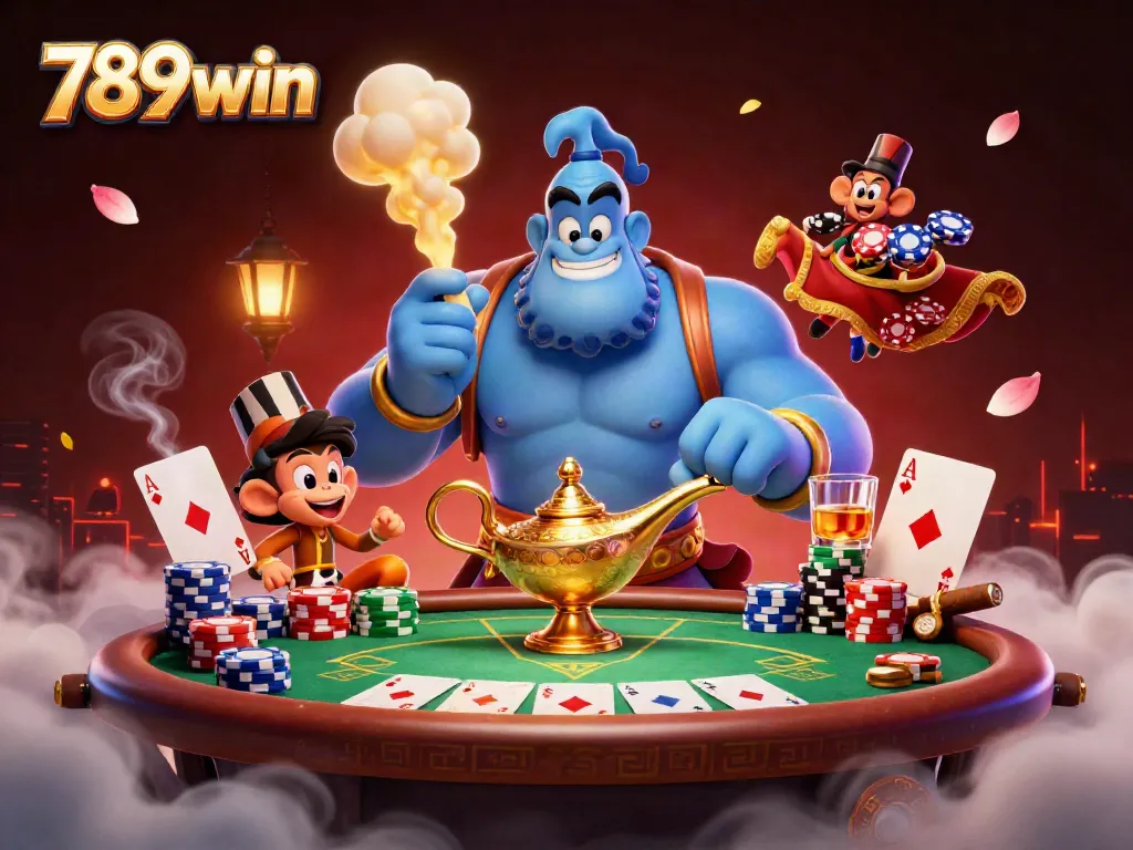 Engage with the vibrant world of 789win, where a genie and his companions celebrate poker excitement.