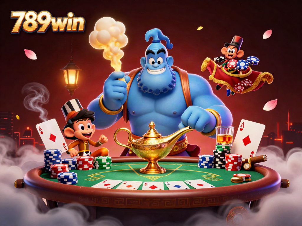 Engage with the vibrant world of 789win, where a genie and his companions celebrate poker excitement.
