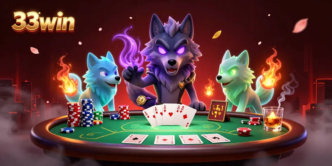 Engage with 33win's thrilling poker scene led by a spectral wolf pack, showcasing iconic casino elements.