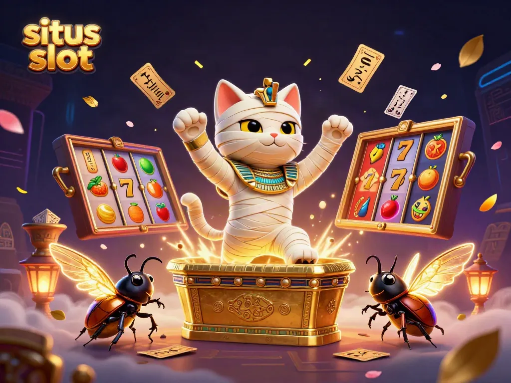 Engage with situs slot action featuring a 3D mummy cat and vibrant slot elements in a pyramid casino.