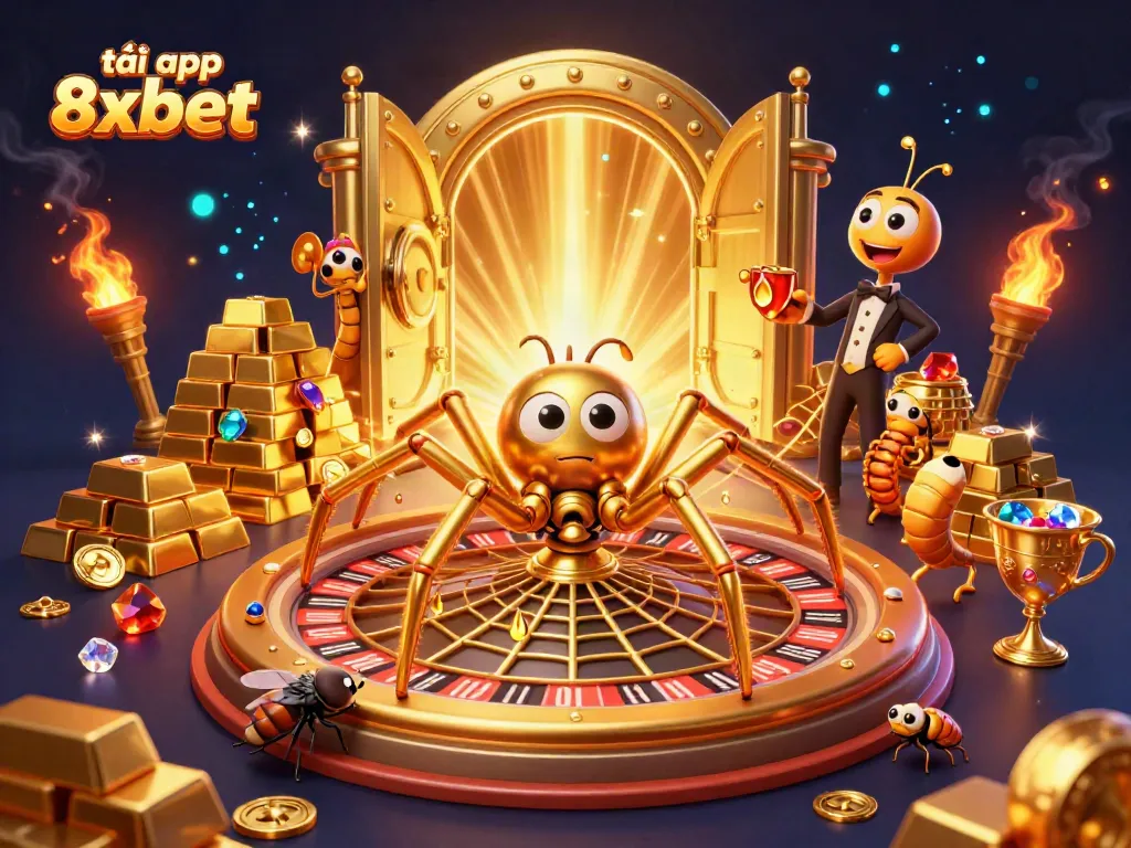 Engage with the vibrant scene of tải app 8xbet, showcasing a golden spider, a fly, and a centipede in a dynamic casino illustration.