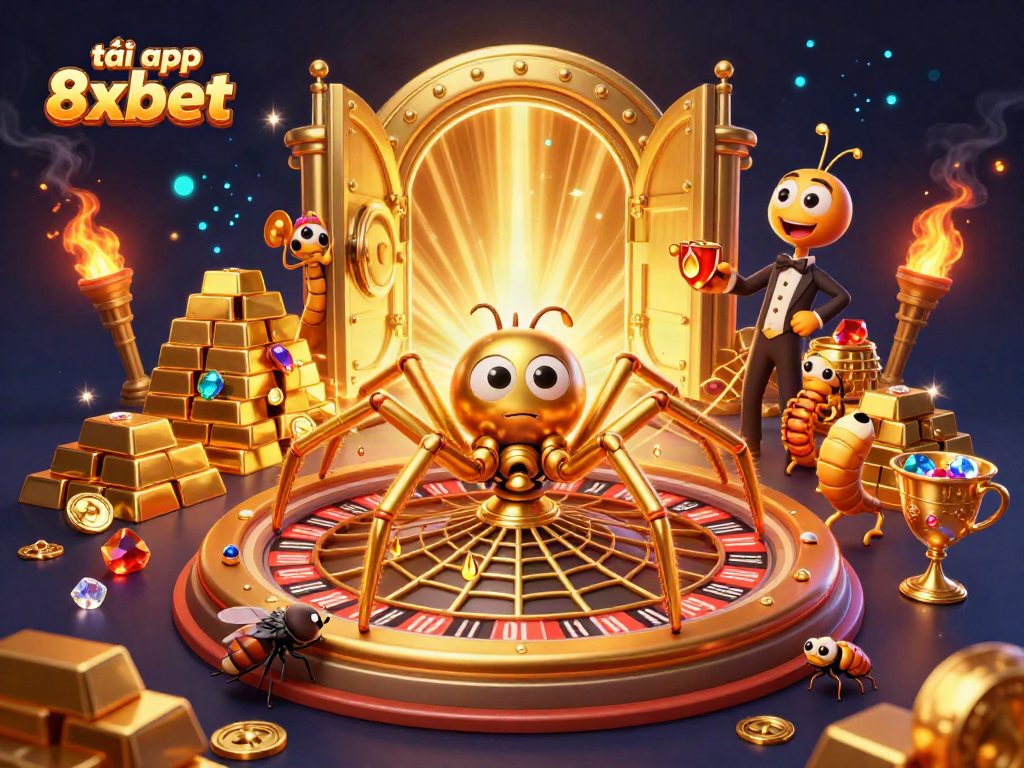 Engage with the vibrant scene of tải app 8xbet, showcasing a golden spider, a fly, and a centipede in a dynamic casino illustration.