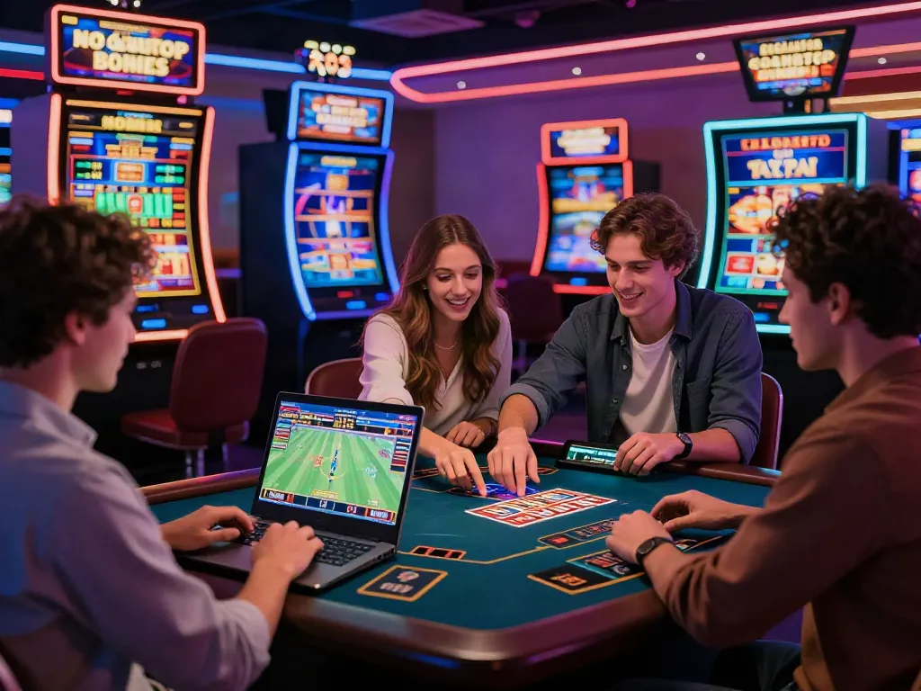 Friends enjoying a gaming session at an online casino not on Gamstop, with lively digital displays and betting excitement.