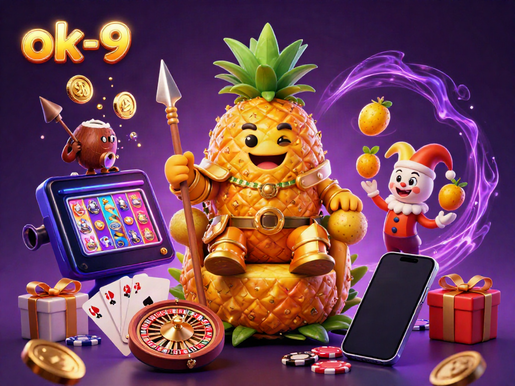 Experience the thrill of casino gaming with ok-9, featuring a vibrant 3D scene of characters and dynamic gaming elements.