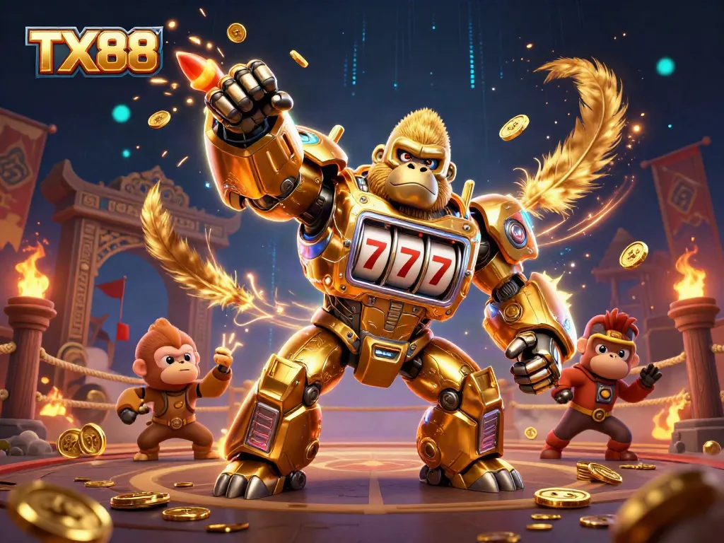 Engage in thrilling TX88 gaming action with an explosive 3D illustration of a golden gorilla mech in an Asian casino.