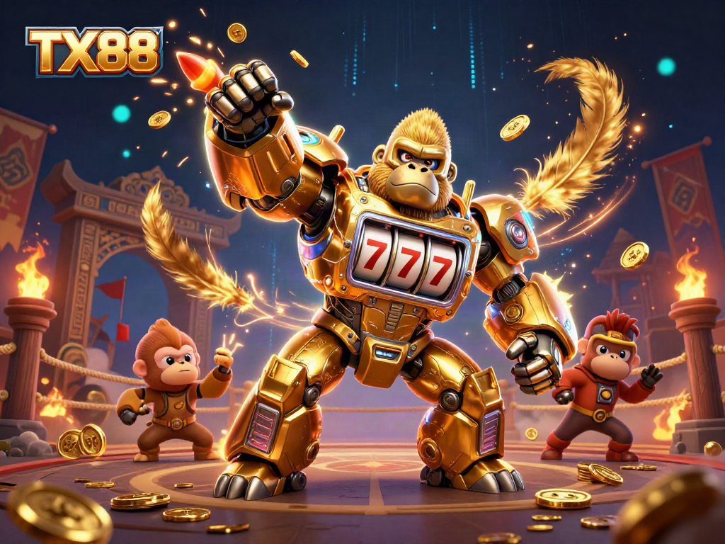 Engage in thrilling TX88 gaming action with an explosive 3D illustration of a golden gorilla mech in an Asian casino.