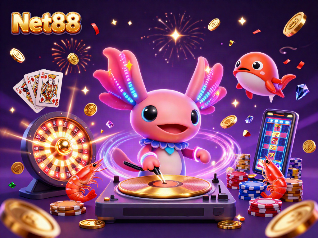 Celebrate wins at Net88 with a vibrant underwater casino scene featuring a DJ and dancing sea creatures.