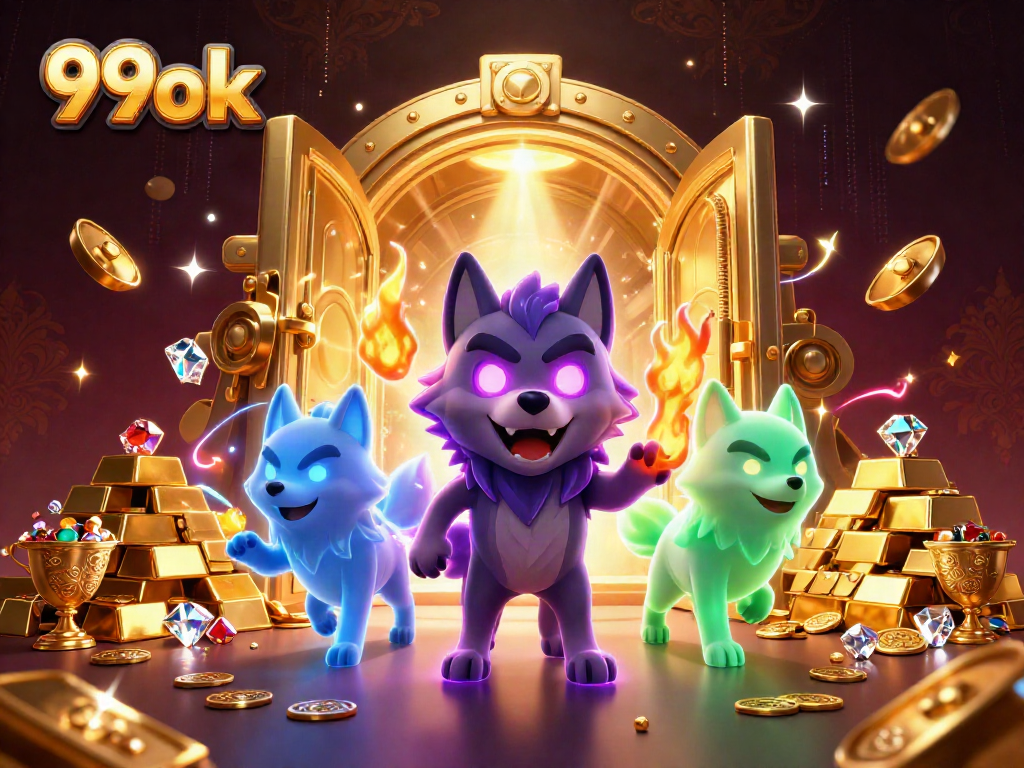 Engage with 99ok as glowing spectral wolves surround a treasure vault bursting with riches