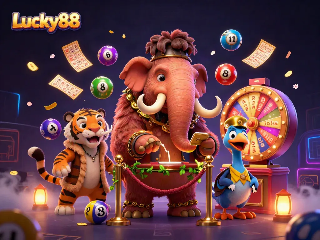 Experience excitement with Lucky88 as a woolly mammoth checks IDs at a vibrant casino entrance.