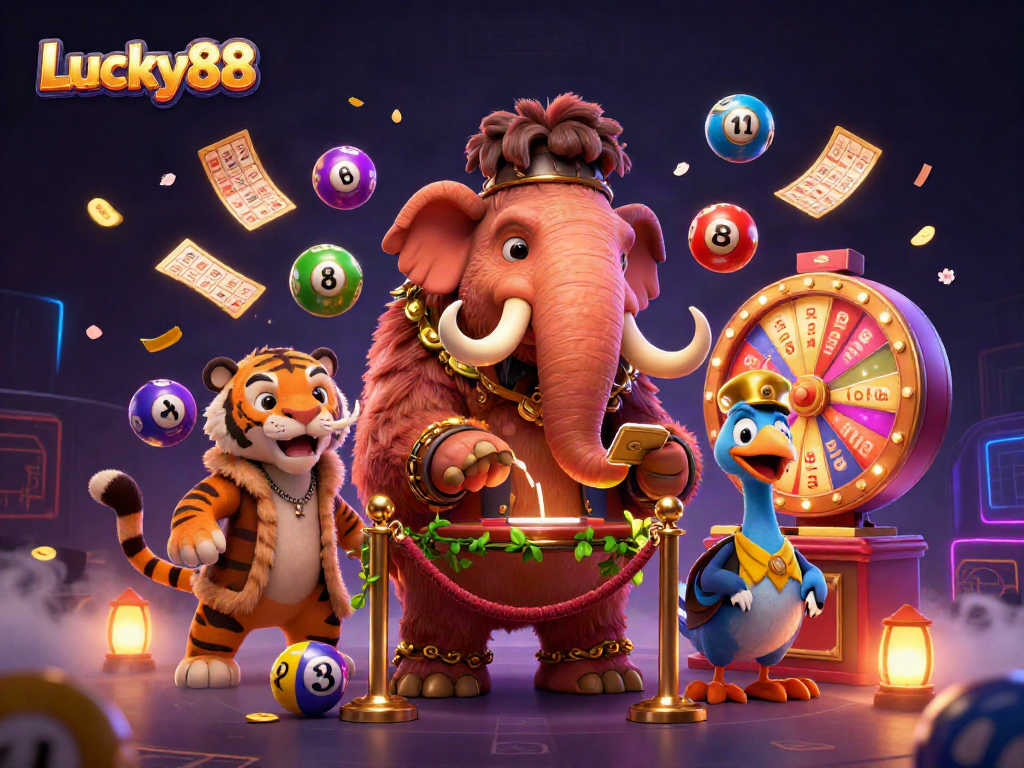 Experience excitement with Lucky88 as a woolly mammoth checks IDs at a vibrant casino entrance.