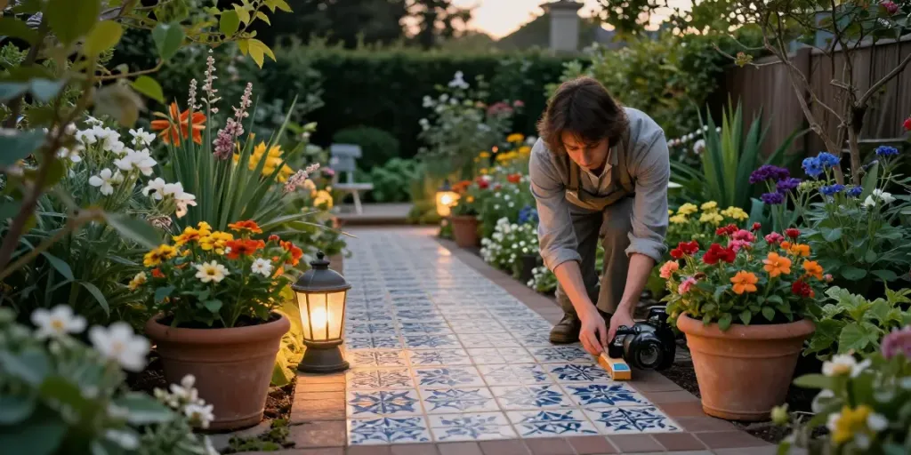 Elegant Victorian tiling showcased in a blooming garden path at dusk