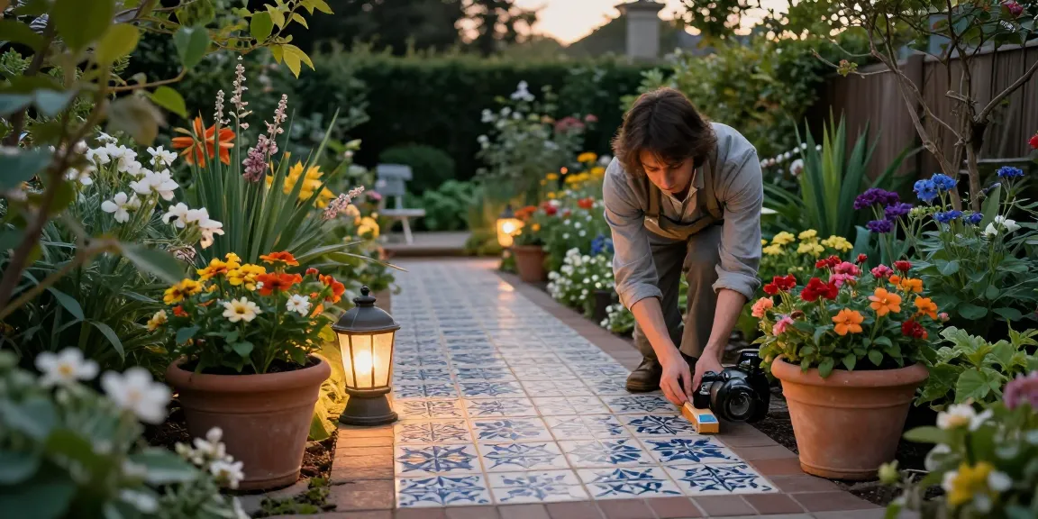 Elegant Victorian tiling showcased in a blooming garden path at dusk