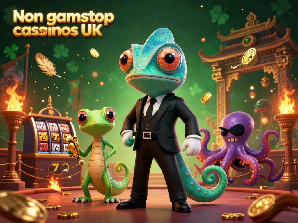 Experience thrilling action with the chameleon secret agent at Non gamstop casinos UK, amidst vibrant casino elements.