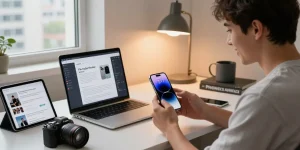 Testing the iPhone 17 in a vibrant workspace, showcasing modern tech gadgets and a lively atmosphere.
