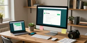 WhatsApp電腦版 user engaging on desktop in modern home office setup.