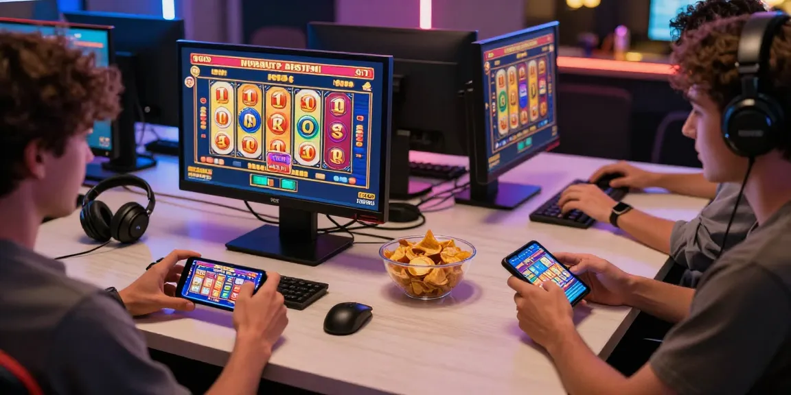 Situs slot deposit 10 ribu players enjoying online slots with vibrant graphics in a cozy gaming setup
