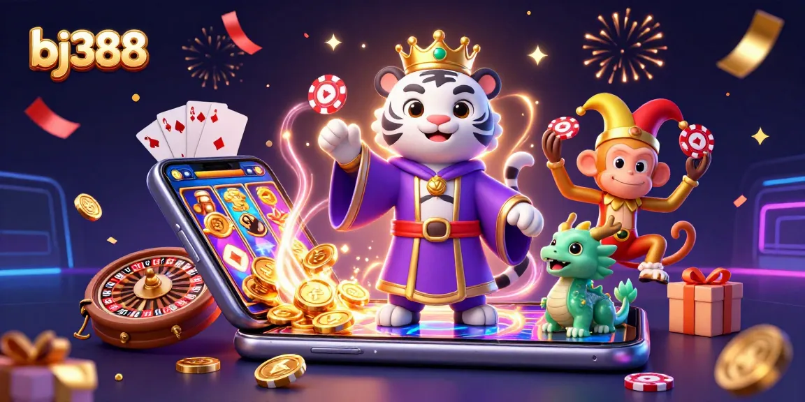 Experience excitement with BJ388 as the tiger and monkey celebrate winning at online gambling.