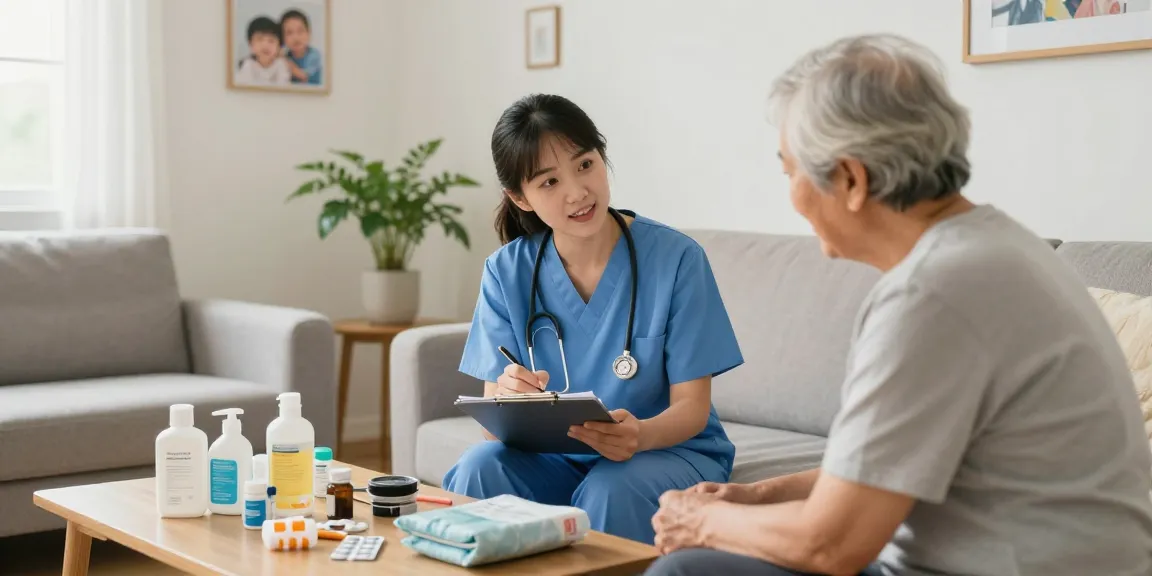 Detailing a hospital care package with a caregiver supporting an elderly patient in a cozy home environment.