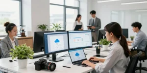 Team collaborating on a cloud based phone system in a modern office environment, showcasing innovative communication tools.