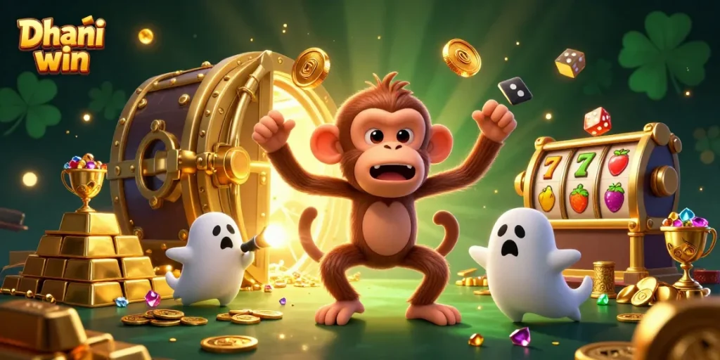 Dhani win - a playful poltergeist monkey juggles gold in a lively haunted casino scene.