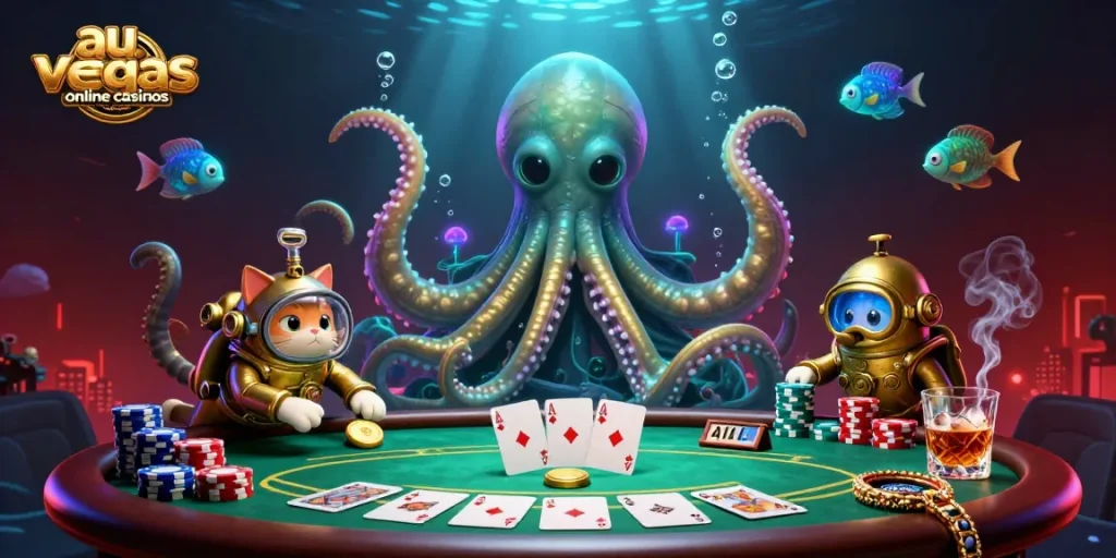 Experience thrilling action at au.crazyvegas.com online casinos with a colossal kraken, vintage diving cat, and poker elements.