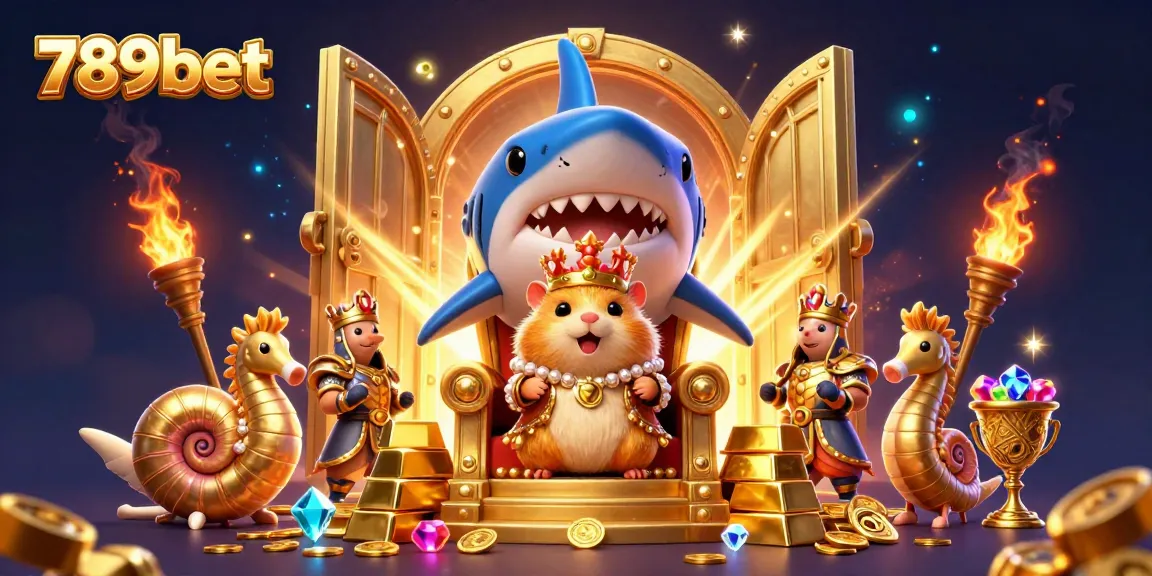 Experience the excitement of 789bet with a shimmering slots scene featuring golden treasures and a cartoon hamster king.