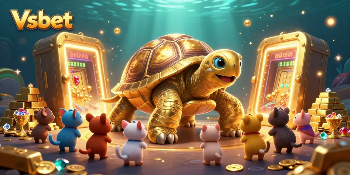 Play thrilling casino games with Vsbet's exciting 3D golden tortoise and treasure scene.