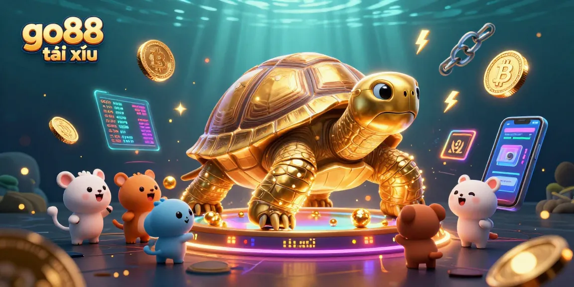 Play go88 tài xỉu with thrilling action featuring giant golden tortoise and crypto elements