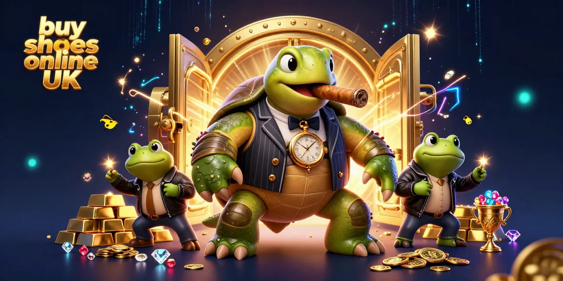 Buy shoes online UK with lively casino-inspired 3D illustration highlighting a turtle in a tuxedo.