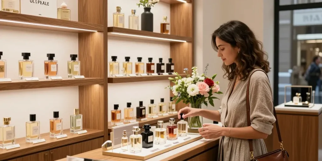 Experience Goldfield & Banks fragrances in a luxurious boutique setting with elegant display and floral decor.