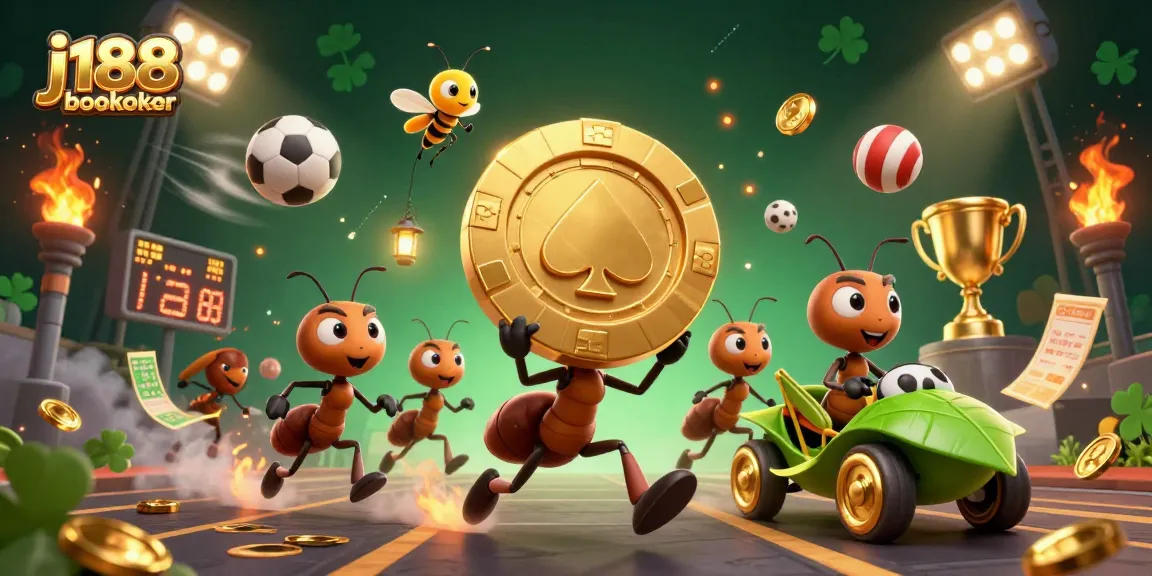 Experience thrilling action with j188 bookmaker as cartoon ants steal a giant poker chip in a vibrant casino world.