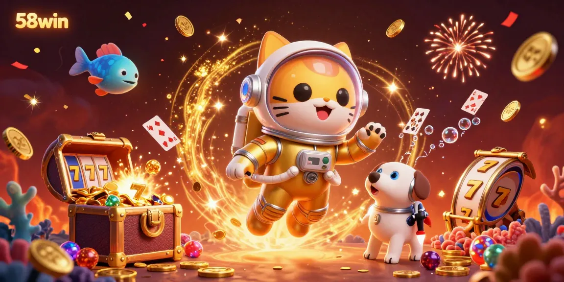 Engage with 58win in a vibrant gambling universe featuring cartoon cat astronauts and jackpot elements.