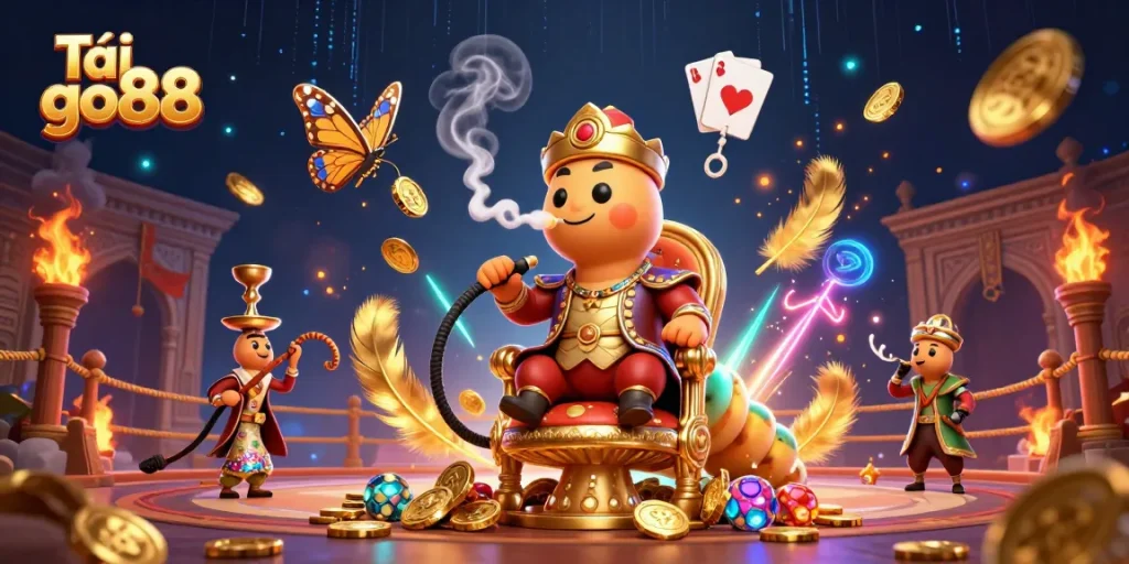 Tải go88 to experience this vibrant 3D illustration with a caterpillar hookah-master amidst game symbols and golden coins.