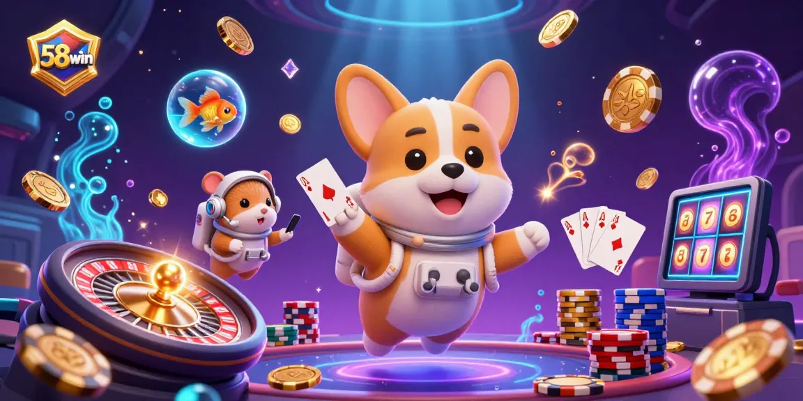 Experience the excitement of 58win with a cartoon astronaut corgi in a space casino full of floating coins and poker chips.