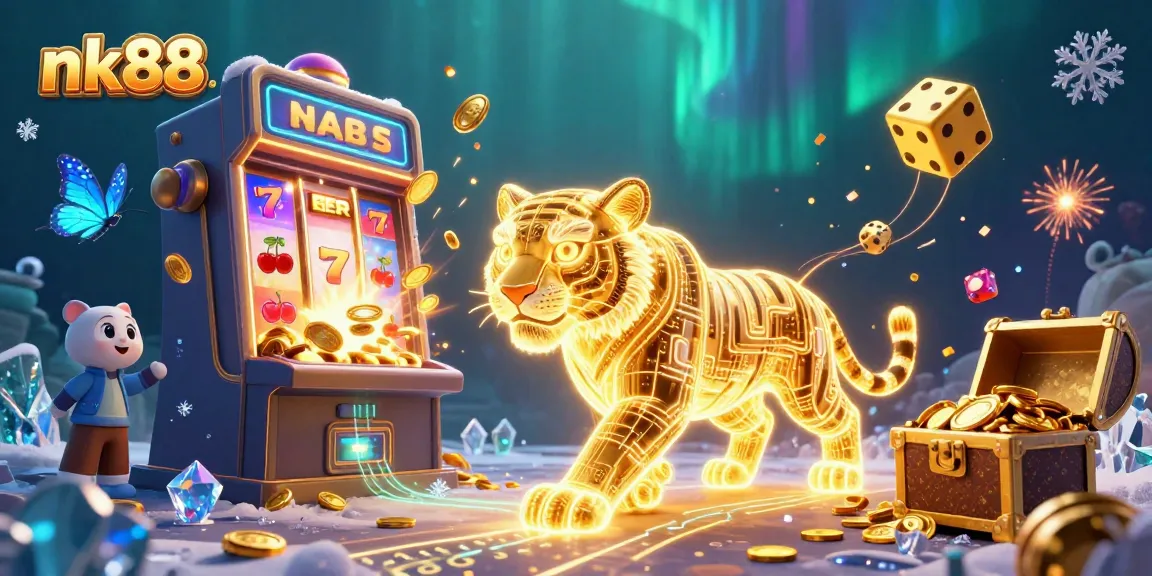 Experience thrilling wins with nk88 as a golden tiger and holographic butterflies come alive in a vibrant casino.