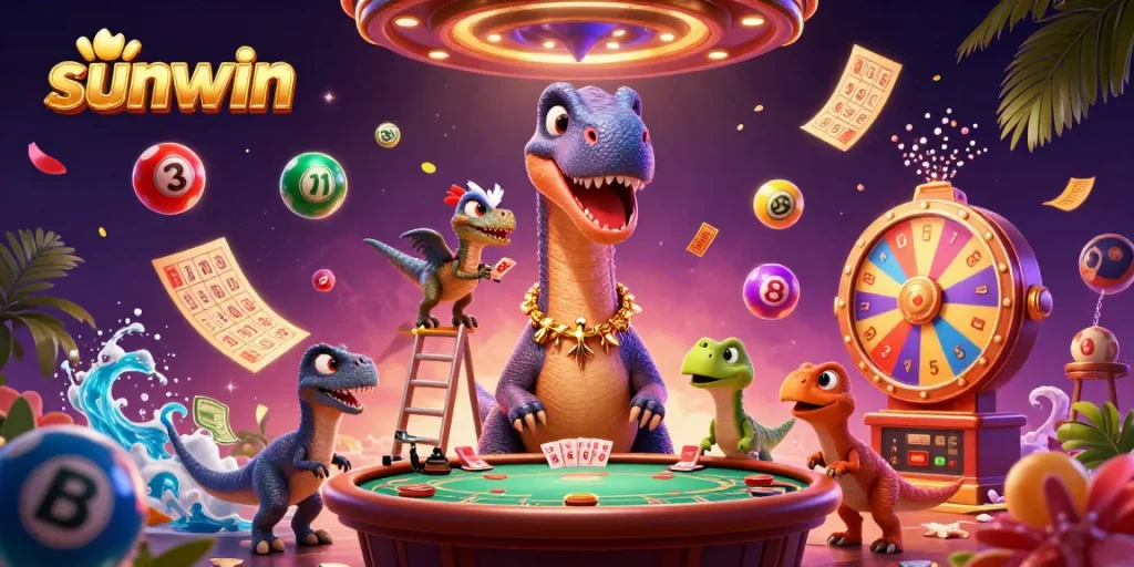Engage in thrilling gaming adventures at sunwin as a playful dinosaur watches over a vibrant poker scene