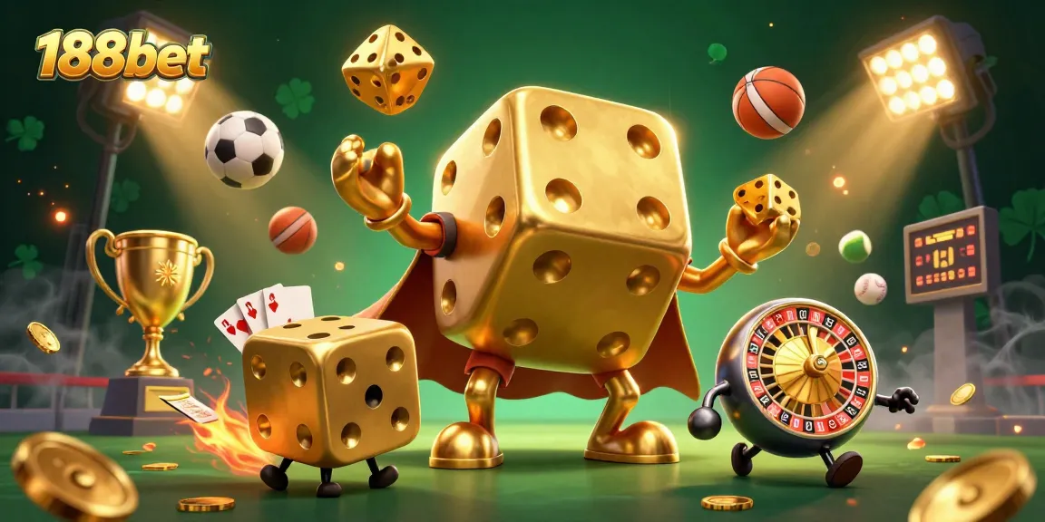 Engage with 188bet's thrilling gaming adventure featuring animated golden dice and sports betting elements.